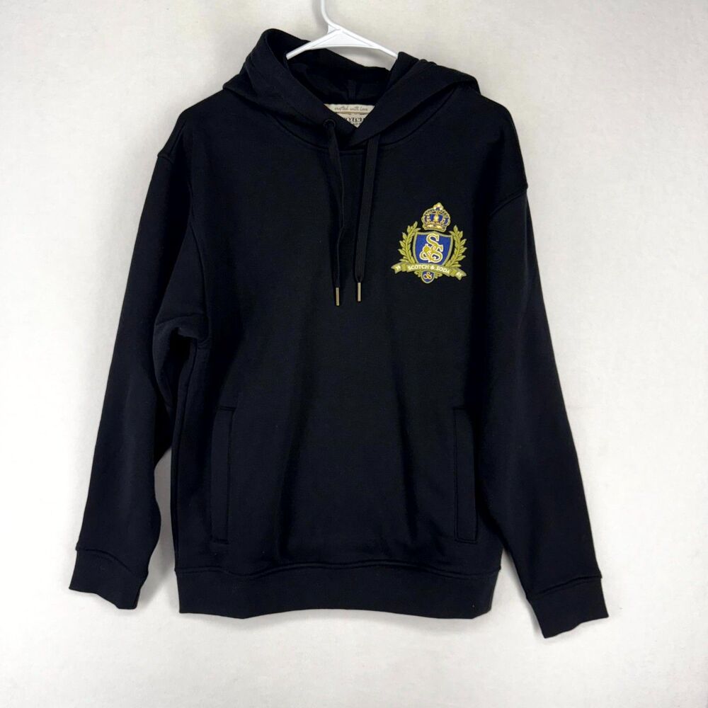 Scotch Soda Mens Relaxed Fit Fleece Graphic Hoodie Black Embroidered Size S NEW